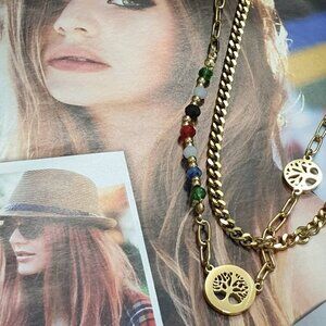 Tree of Life Necklace 2 Layers Chains Multi Color Beaded Pendant Fashion Jewelry